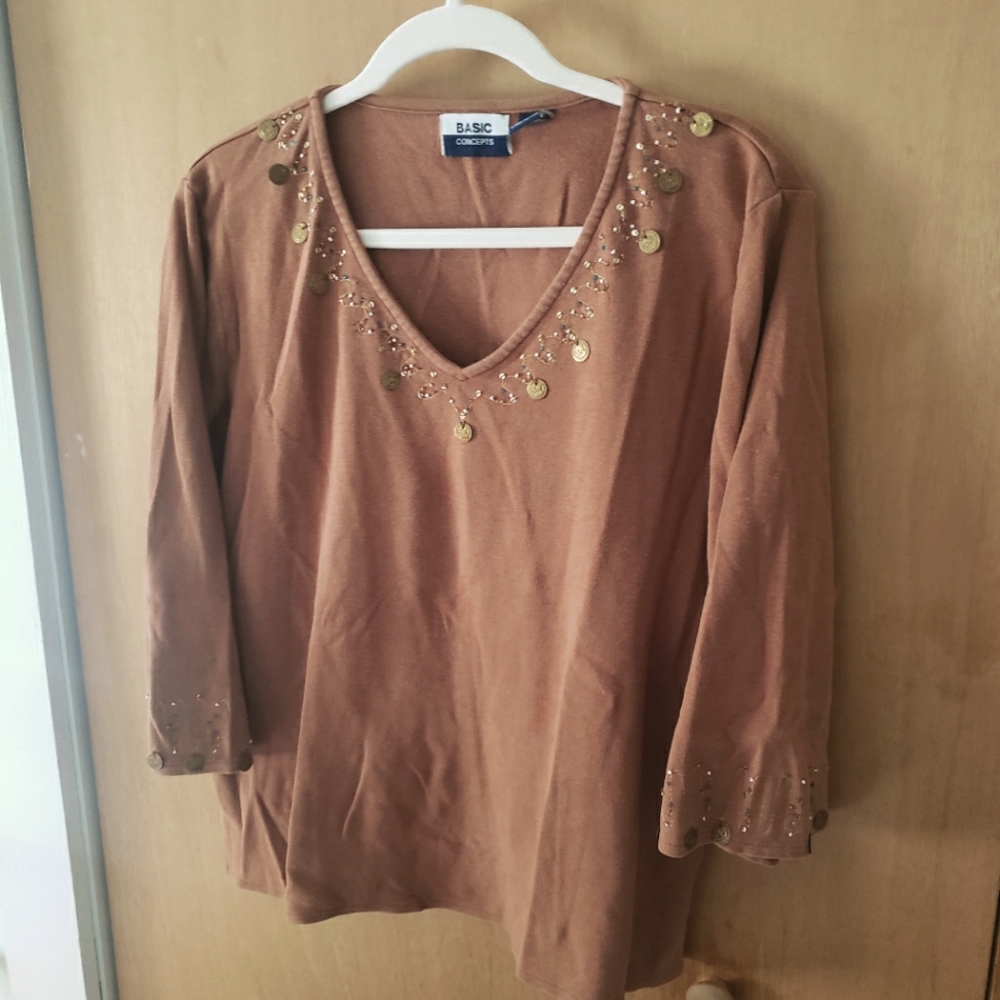 Brown Long Sleeve Top with Embroidery and Beaded Coin Detail